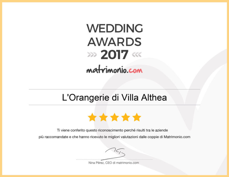 L’Orangerie di Villa Althea riceve uno dei premi Wedding Awards 2017